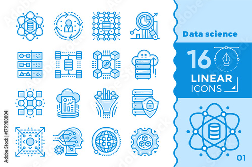 Linear icon set of Data science technology and machine learning process. Material design icon suitable for print, website and presentation