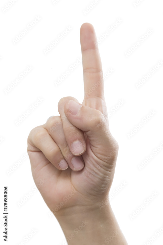 Hand showing one finger on white background