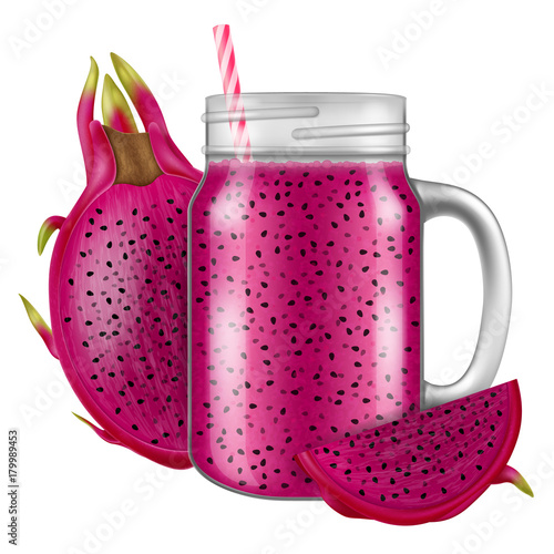 Red dragon fruit juice / smoothie in a mason jar mug. Vector illustration.