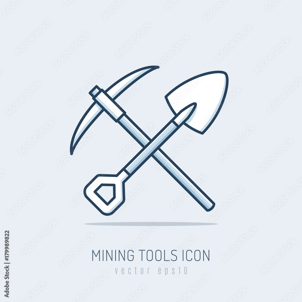 Mining tools, pick axe and shovel vector illustration monoline style Mining tools, pick axe and shovel vector illustration monoline style