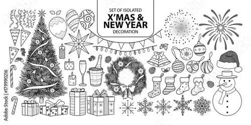 Set of isolated decoration for Christmas and New year. Vector illustration in black outline and white plane.