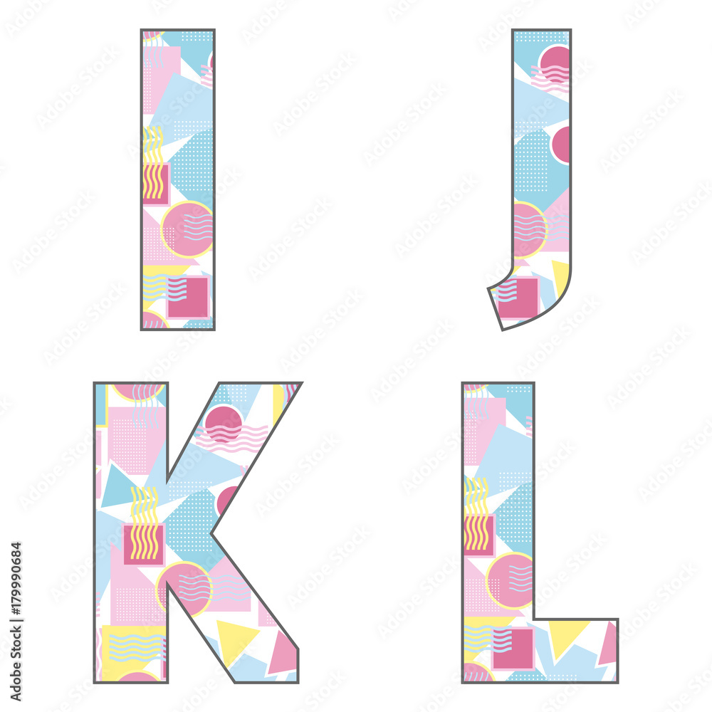 Set of big vector letters with a modern pattern. Letters I, J, K, L