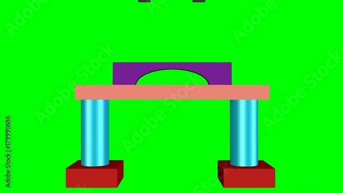 Business metaphor, 3d gate from construction set. Multicolored piceces, bricks, cylinder, arcs , pyramids falling from differnt dicerction. Animation on green screen photo