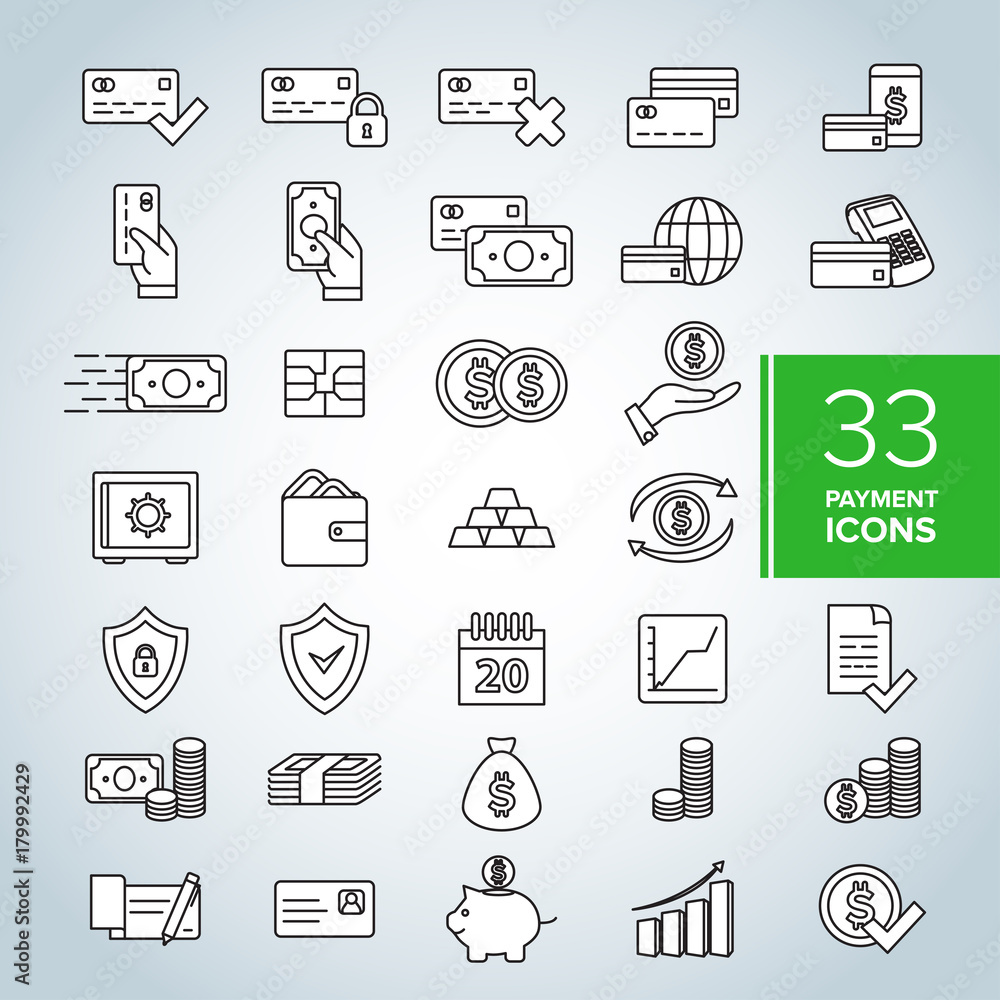 Simple Set of Credit Card Related Vector Line Icons. Set of money and payment methods thin line icons. Contains icons as pay online, bank check, mobile wallet, mobile payment, credit card and more. Simple Set of Credit Card Related Vector Line Icons. Set of money and payment methods thin line icons. Contains icons as pay online, bank check, mobile wallet, mobile payment, credit card and more.