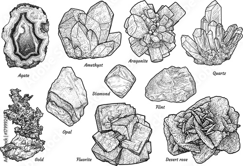 Mineral collection illustration, drawing, engraving, ink, line art, vector photo