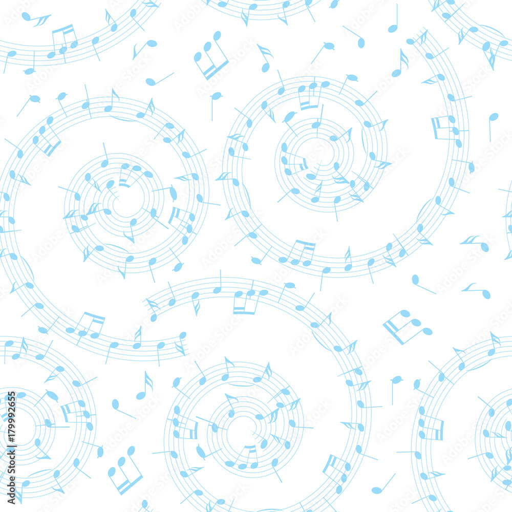 Obraz premium white and blue vector background with spiral - seamless pattern with music notes