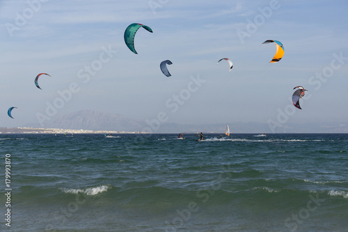 Kitesurfers on Tarifa. Spain.