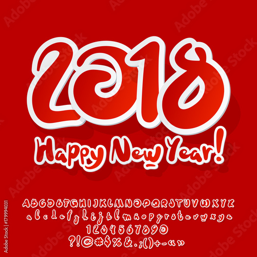 Vector sticker style traditional Happy New Year Greeting Card for Kids. Red children set of Alphabet Letters, Numbers, Symbols.