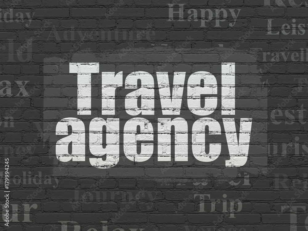 Obraz premium Vacation concept: Painted white text Travel Agency on Black Brick wall background with Tag Cloud