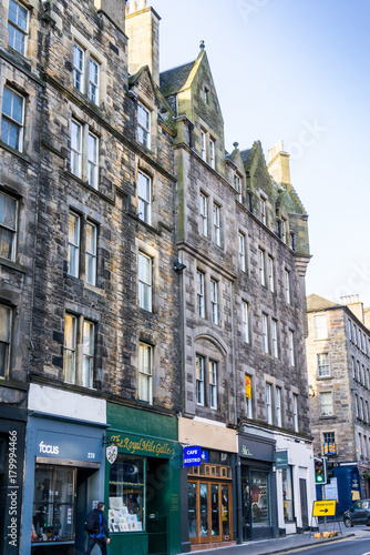 EDINBURGH, SCOTLAND - March 27, 2017: Street view of Historic Old Town Houses in Edinburgh, Scotland