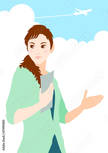 案内する女性のイラスト: 旅行イメージ