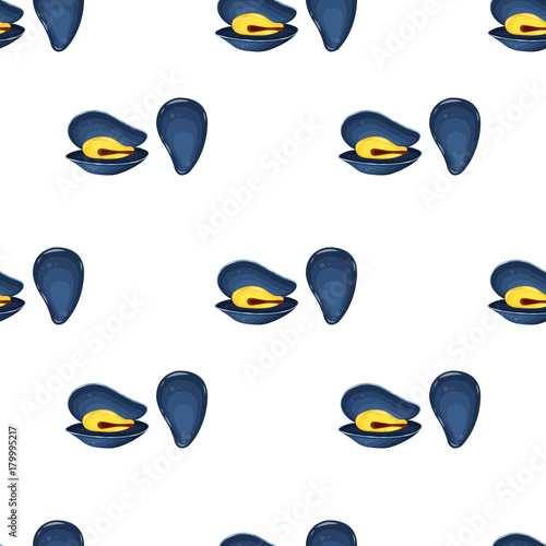 Seamless pattern flat mussels vector illustration isolated on a white background. Fresh raw mollusk