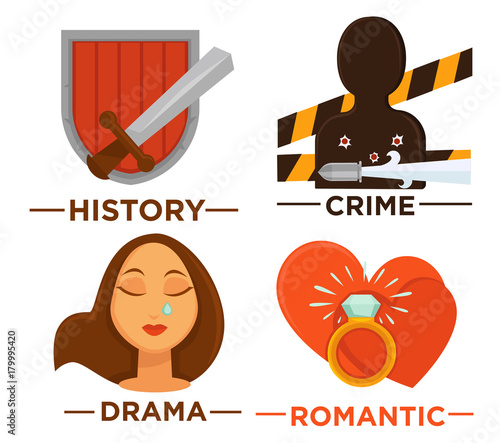 Movie genre icons. Vector flat isolated symbols set for cinema or channel movie genre tag.