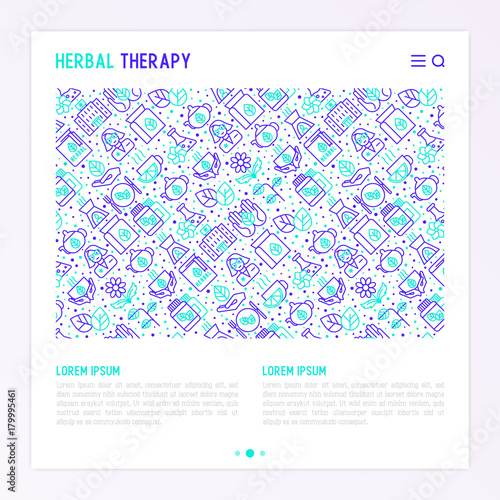 Herbal therapy concept with thin line icons: herbalist, decoction, aromatic oil, oil burner, tea. Vector illustration for banner, web page, print media.