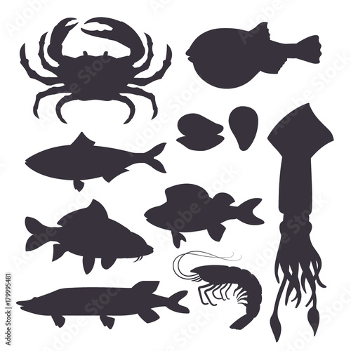 Seafood set black silhouette with crab, fish, mussel and shrimp isolated on white background. Design for restaurant menu, market. Marine creatures in flat style - vector illustration