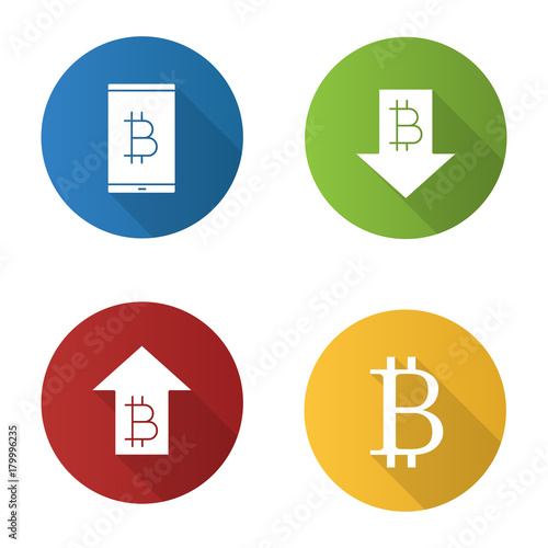 Bitcoin flat design long shadow glyph icons set