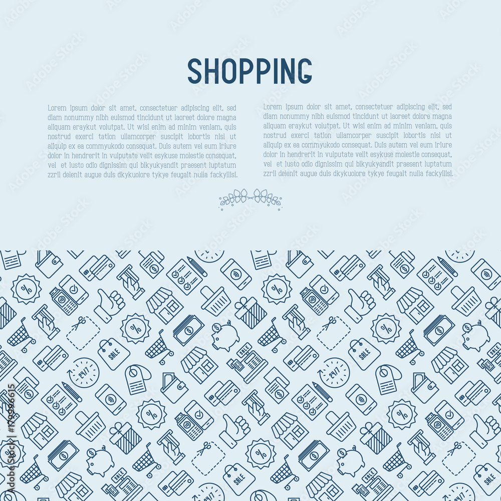 Shopping concept with thin line icons: cashbox, payment, pos terminal, piggy bank, sale, currency, credit card, trolley. Vector illustration for banner, print media. Shopping concept with thin line icons: cashbox, payment, pos terminal, piggy bank, sale, currency, credit card, trolley. Vector illustration for banner, print media.