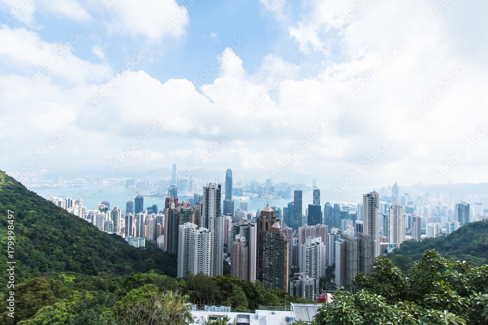 View from Victoria Peak of the Hong Kong city skyline and Victoria Harbour.