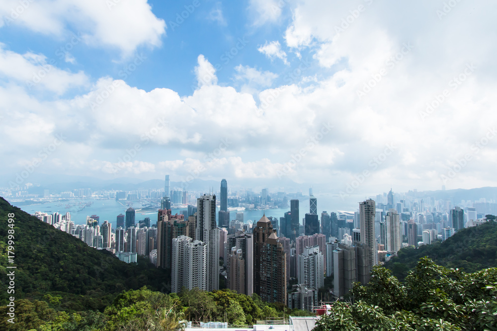 View from Victoria Peak of the Hong Kong city skyline and Victoria Harbour.