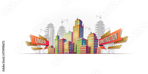 Vector cartoon banner, urban background with modern big city buildings, skyscrapers, business centers on the background of construction in progress. Advertising for a real estate agency, website page