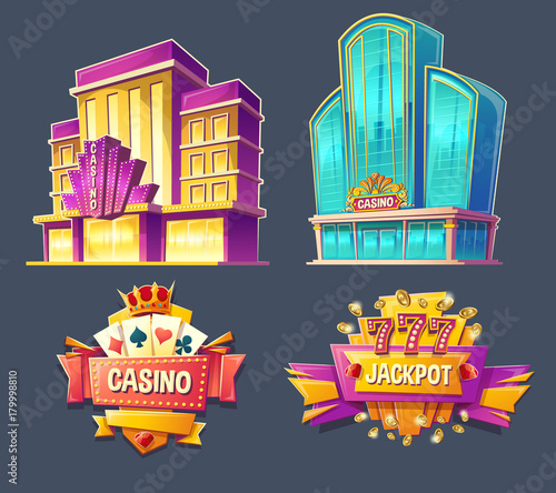 Set of vector cartoon badges, stickers, tags of modern and retro casino buildings and signboards. Icons for mobile applications with games of chance, advertising banners for gambling business in a