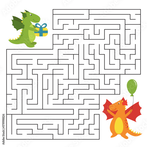 Birthday maze game with funny cartoon dragons. Task for children. Vector illustration.