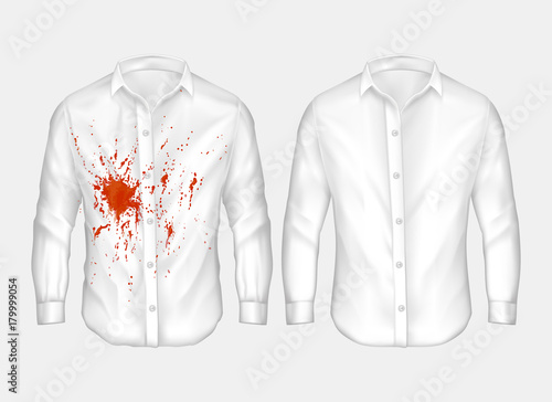Set of vector illustrations of white man shirt with red spot from ketchup, blood and clean, before and after dry cleaning, isolated on white background. Print, template, design element