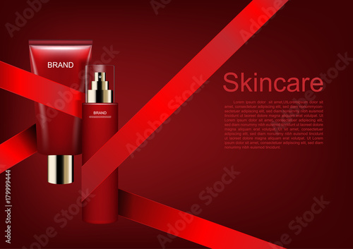 Cosmetic ads template, skincare set and red ribbons on red background