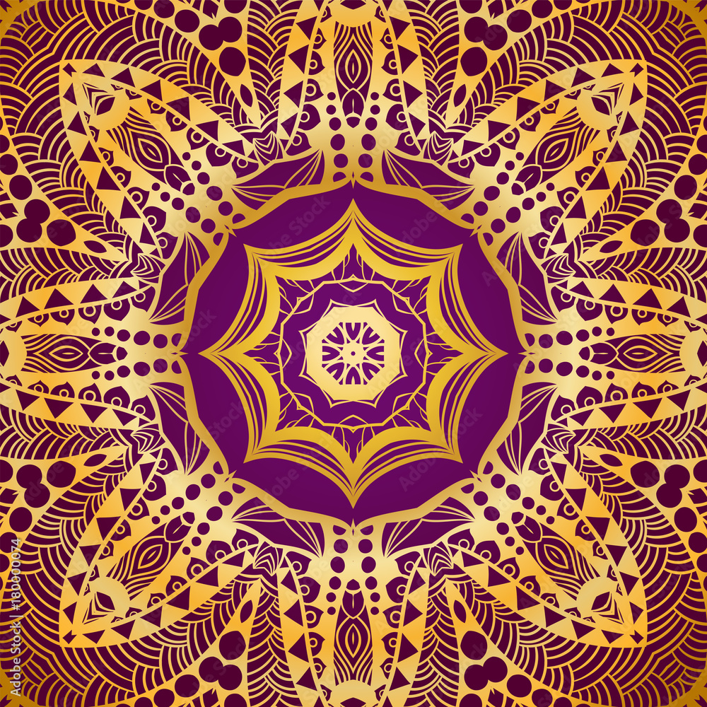 Rich gold invitation card in the Indian style. Bohemian Cards with mandalas. Royal purple and gold ornament. Unique template for design or backdrop