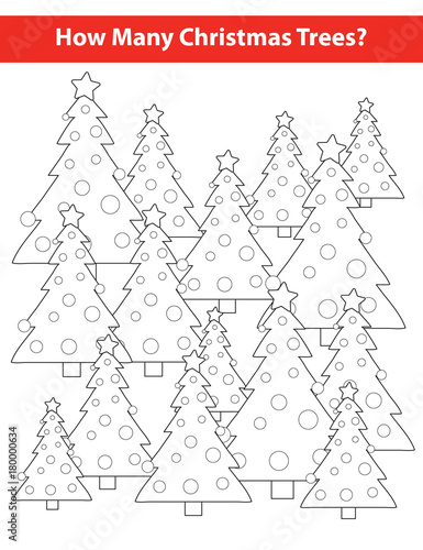 How many Christmas trees education game for kids. Color page. Vector illustration.