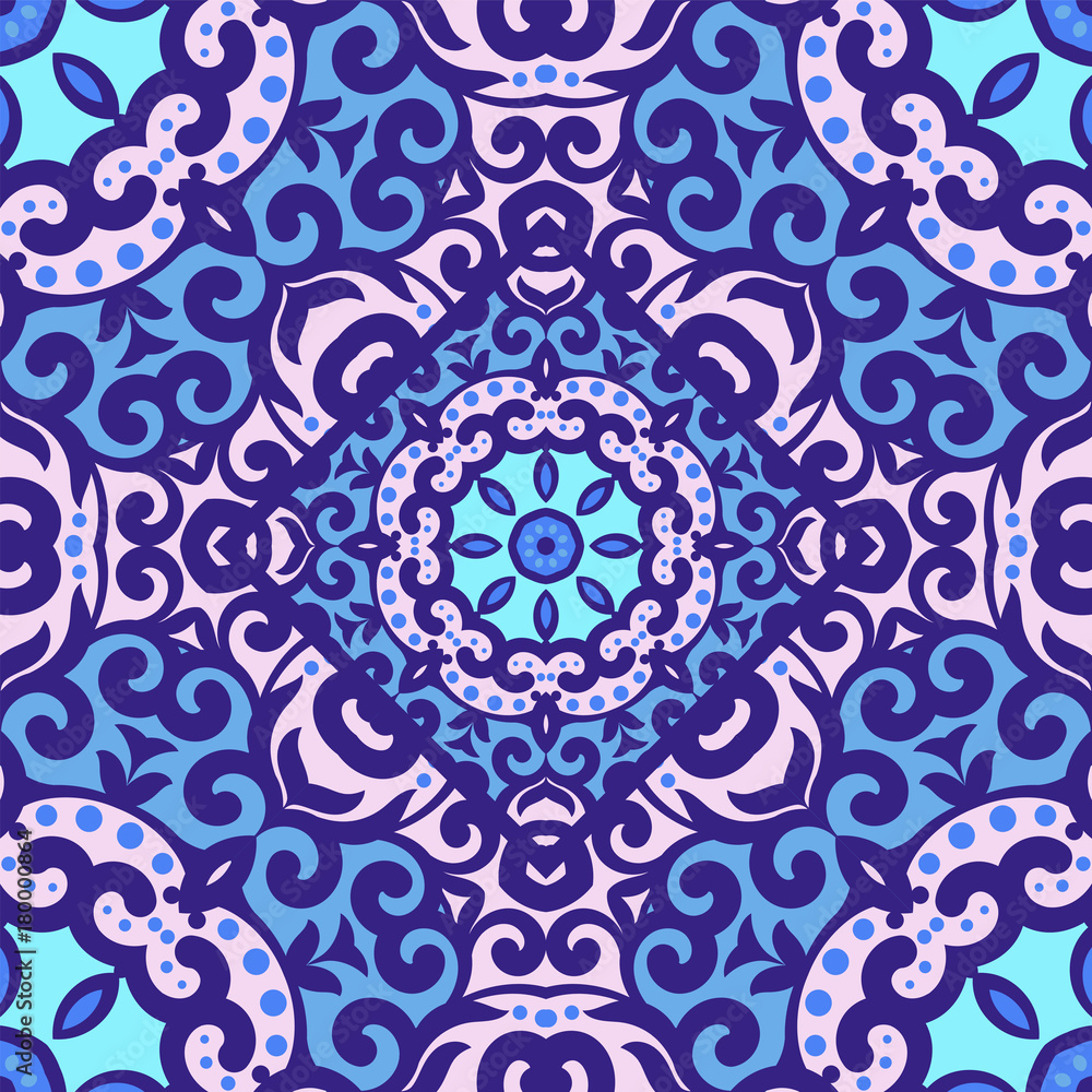 Vector seamless pattern with bright blue ornament. Tile in Eastern style. Ornamental lace tracery. Ornate swirl geometrical decor for wallpaper. Traditional arabic mosaic design Vector seamless pattern with bright blue ornament. Tile in Eastern style. Ornamental lace tracery. Ornate swirl geometrical decor for wallpaper. Traditional arabic mosaic design