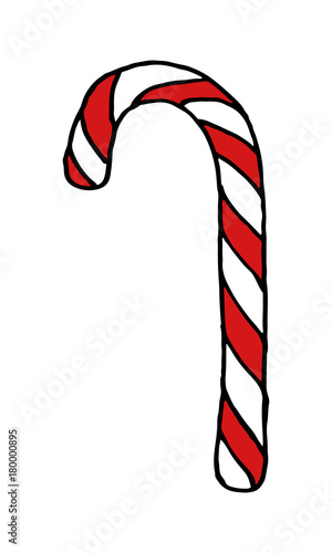 Vector illustration. Hand drawn doodle of Christmas candy cane. Santa's stripes cane.