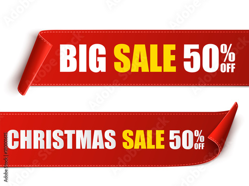 Set of red Christmas banners. Paper scrolls. Vector Xmas sale stickers.