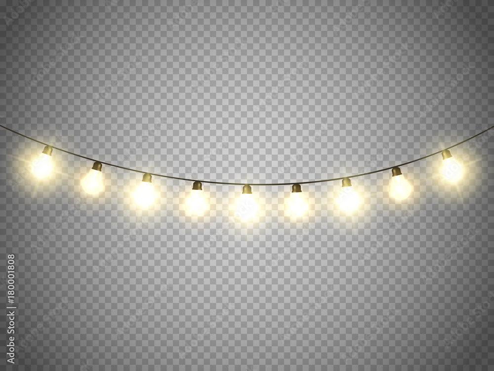 Christmas lights isolated on transparent background. Vector xmas glowing garland.