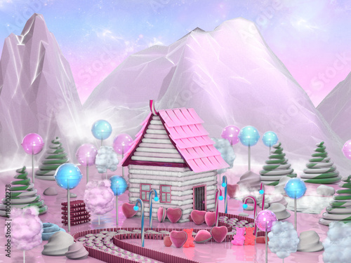 Sweet candy house surrounded by lollipop, candy canes and caramels. Fantasy food landscape 3D illustration