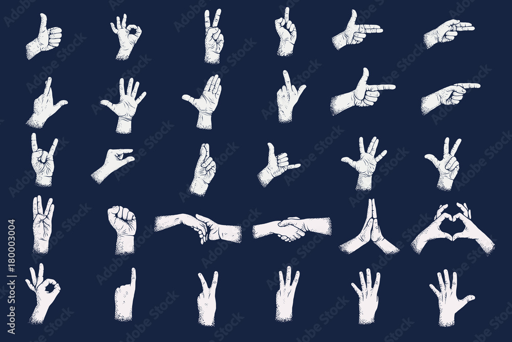 Hand gestures with grunge dots shadow texture. Digits hand gestures. Eps 10.