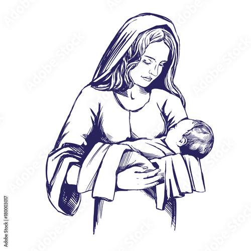 Christmas story. Mary and the baby Jesus, Son of God , symbol of Christianity hand drawn vector illustration.