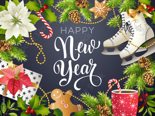 Happy new year theme, Vector illustration of xmas party 2018 gold and black collors place for text christmas