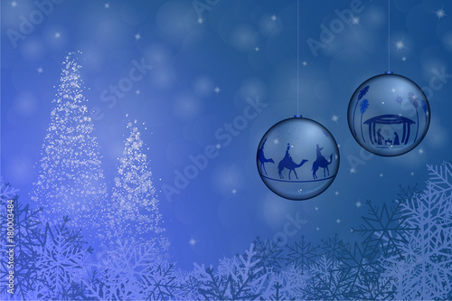 Christmas time. Christmas bowls with Nativity scene and three kings in Christmas landscape.