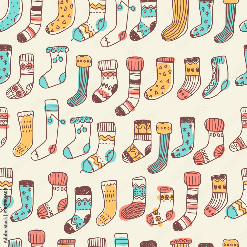 Seamless pattern with naive cute doodle socks. Scandinavian styl