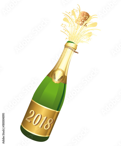 2018 Opened Champaign bottle vector illustration II. Congratulations or happy new year.