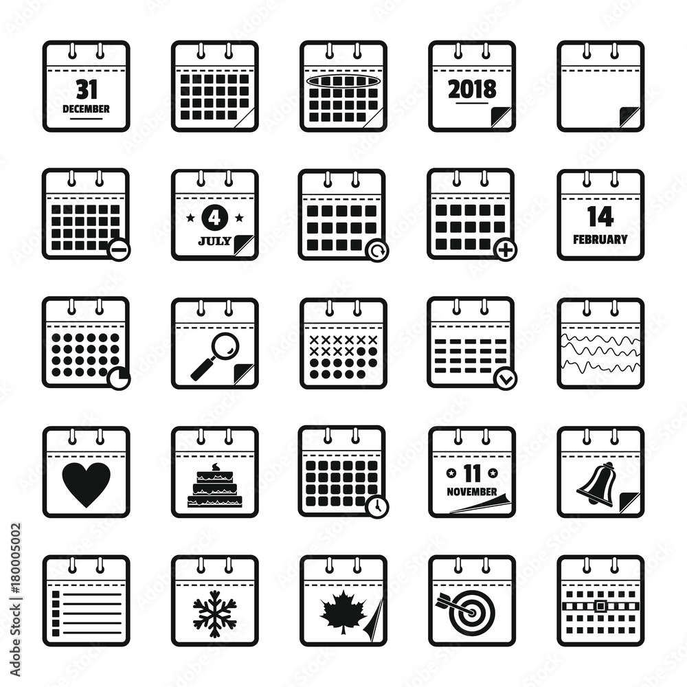 Calendar icons set, simple style Calendar icons set, simple style