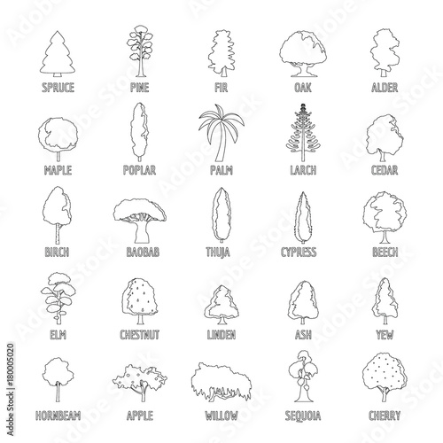 Tree types icons set, outline style