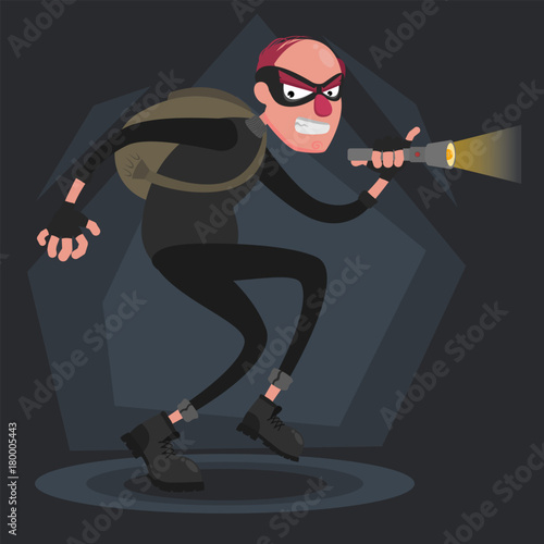 A balding thief wearing a mask smiles and sneaks with a flashlight in the dark