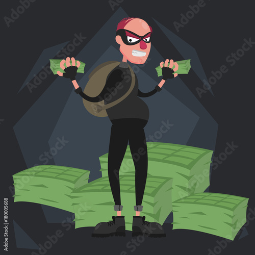 A balding thief wearing a mask stands against the background of packs of money and smiles, a dark background