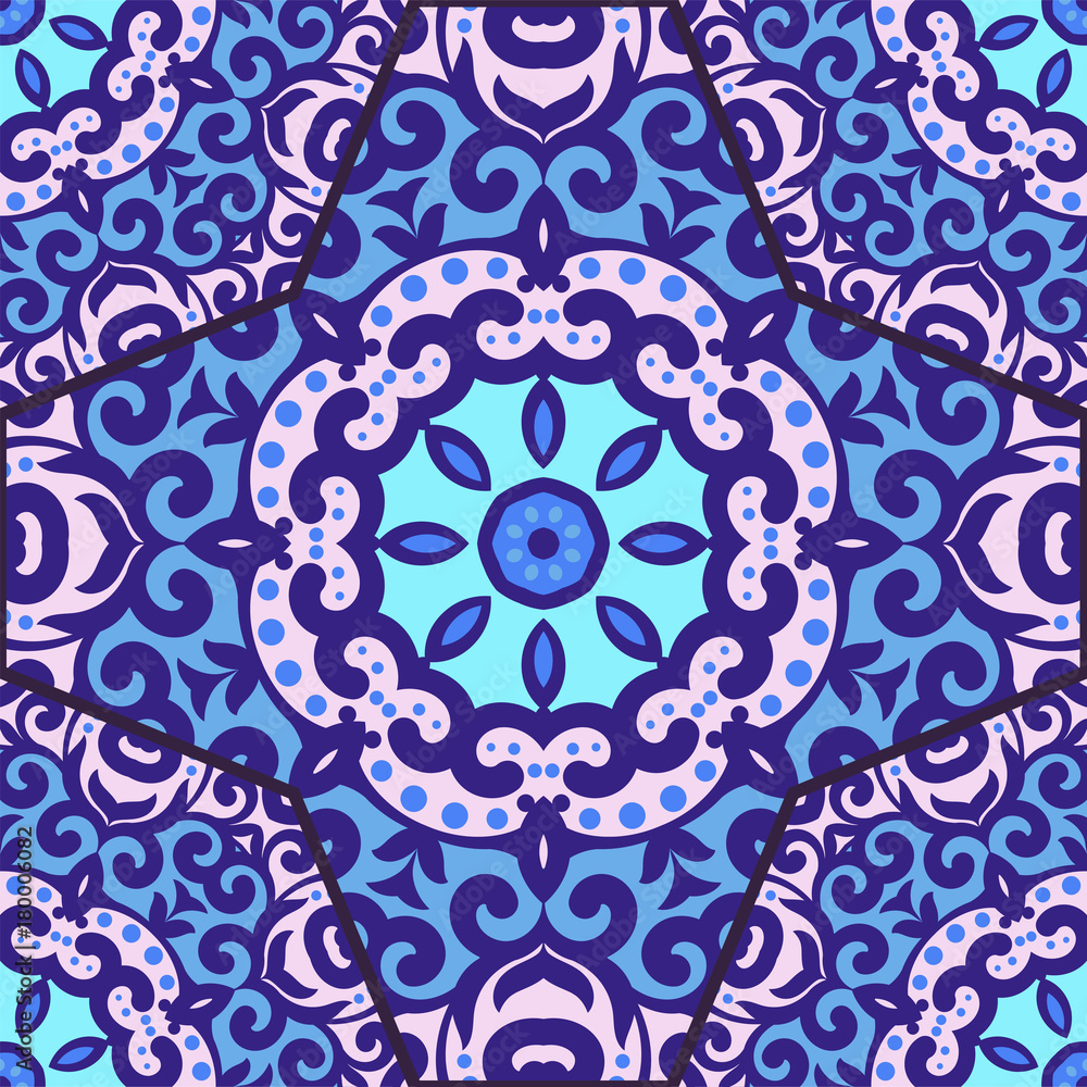 Vector seamless pattern with bright blue ornament. Tile in Eastern style. Ornamental lace tracery. Ornate swirl geometrical decor for wallpaper. Traditional arabic mosaic design Vector seamless pattern with bright blue ornament. Tile in Eastern style. Ornamental lace tracery. Ornate swirl geometrical decor for wallpaper. Traditional arabic mosaic design