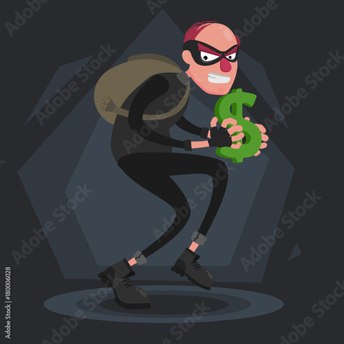 A balding thief with a backpack sneaks with a dollar sign in his hands
