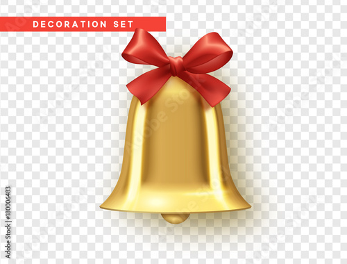 Traditional holiday decoration element, golden bell with red bow. Vector realistic isolated on background with transparency