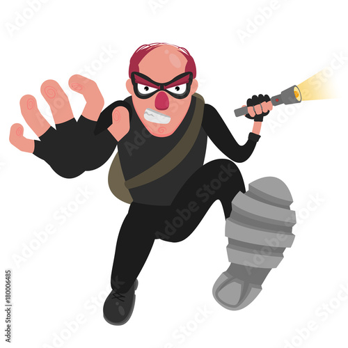 A balding thief in a mask runs with a flashlight on a white background