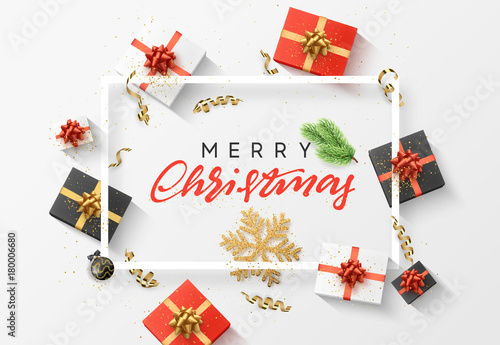 Merry Christmas background. Christmas composition. gift, confetti, golden snowflake and Xmas balls.